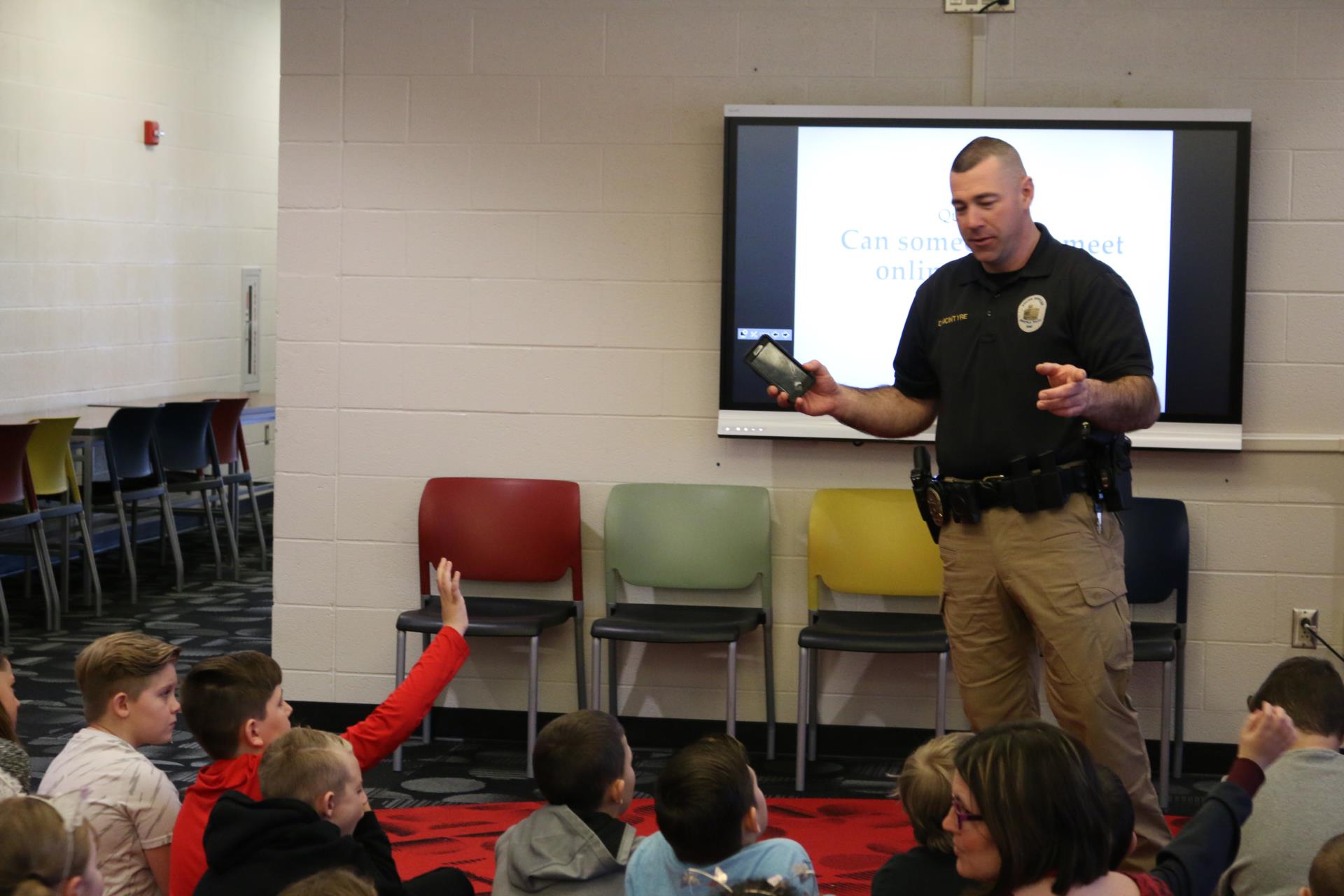 Ofc. McIntyre addresses 4th-grade students on internet safety as a part of the January edition of Career Connection Friday.