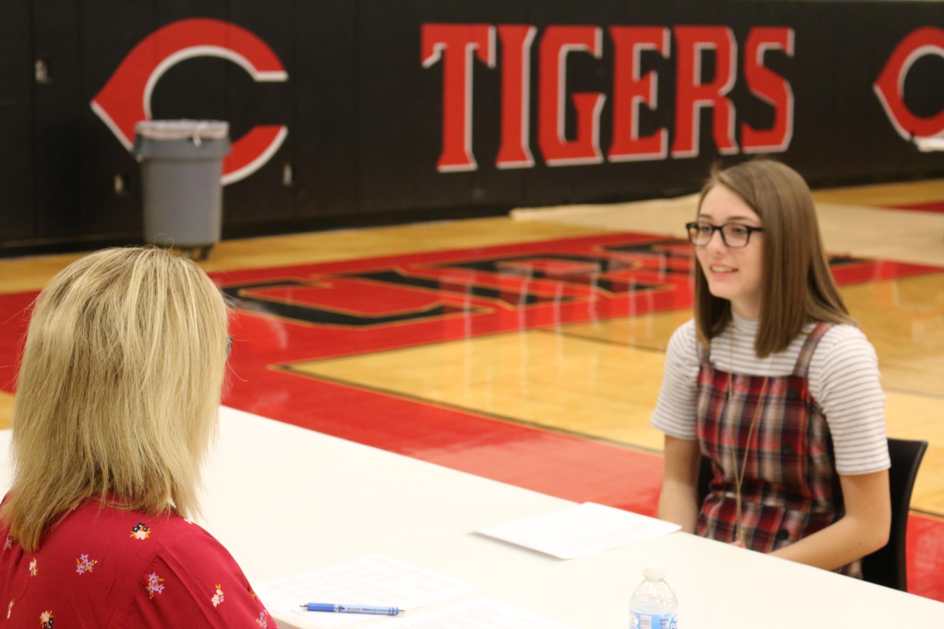 CHS senior Hailie Anderson interviews with Julie Stanley of the Circleville City Schools' District Office as a part of the Tiger Bootcamp Friday.