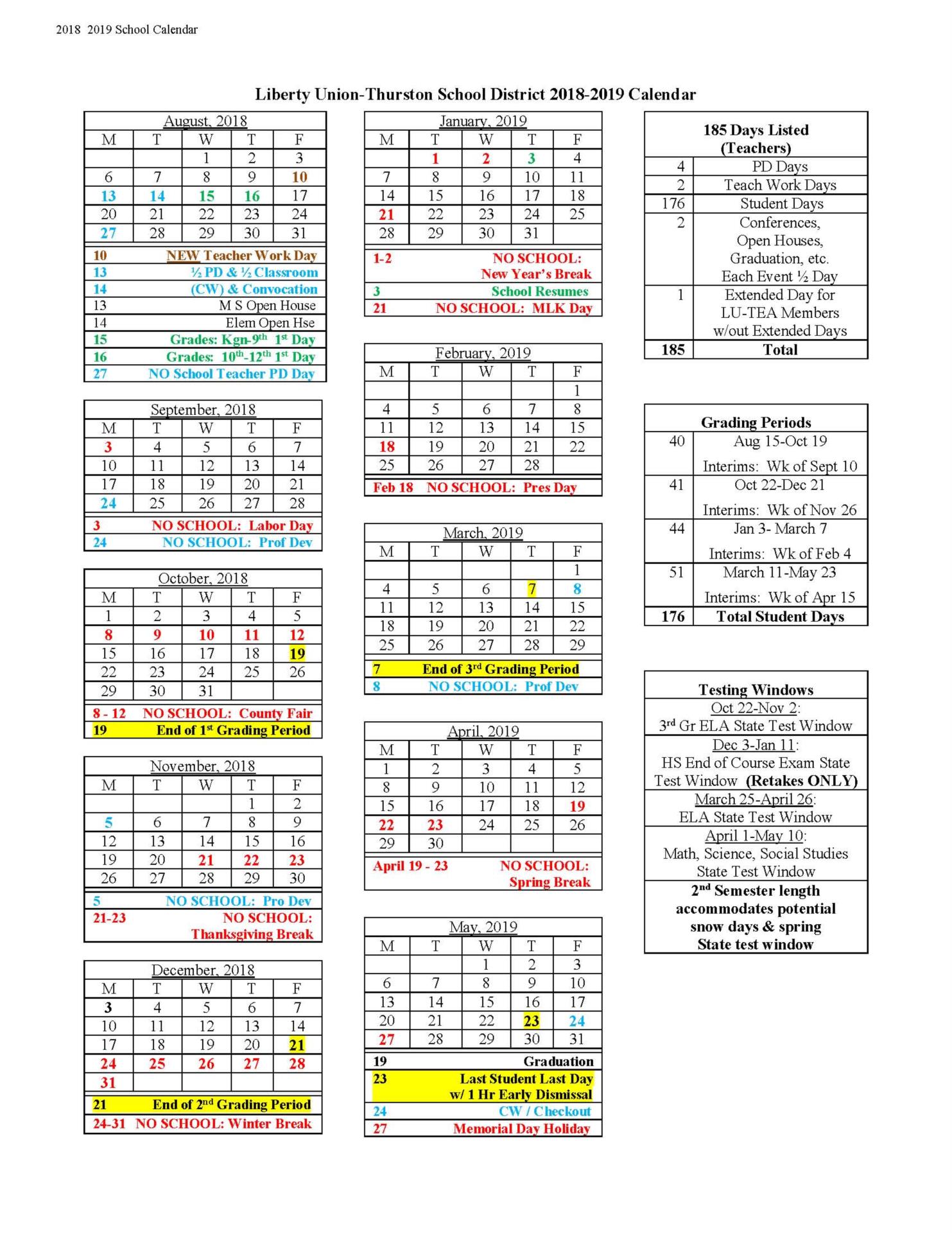 Liberty UnionThurston Local School District Calendar 2018 and 2019
