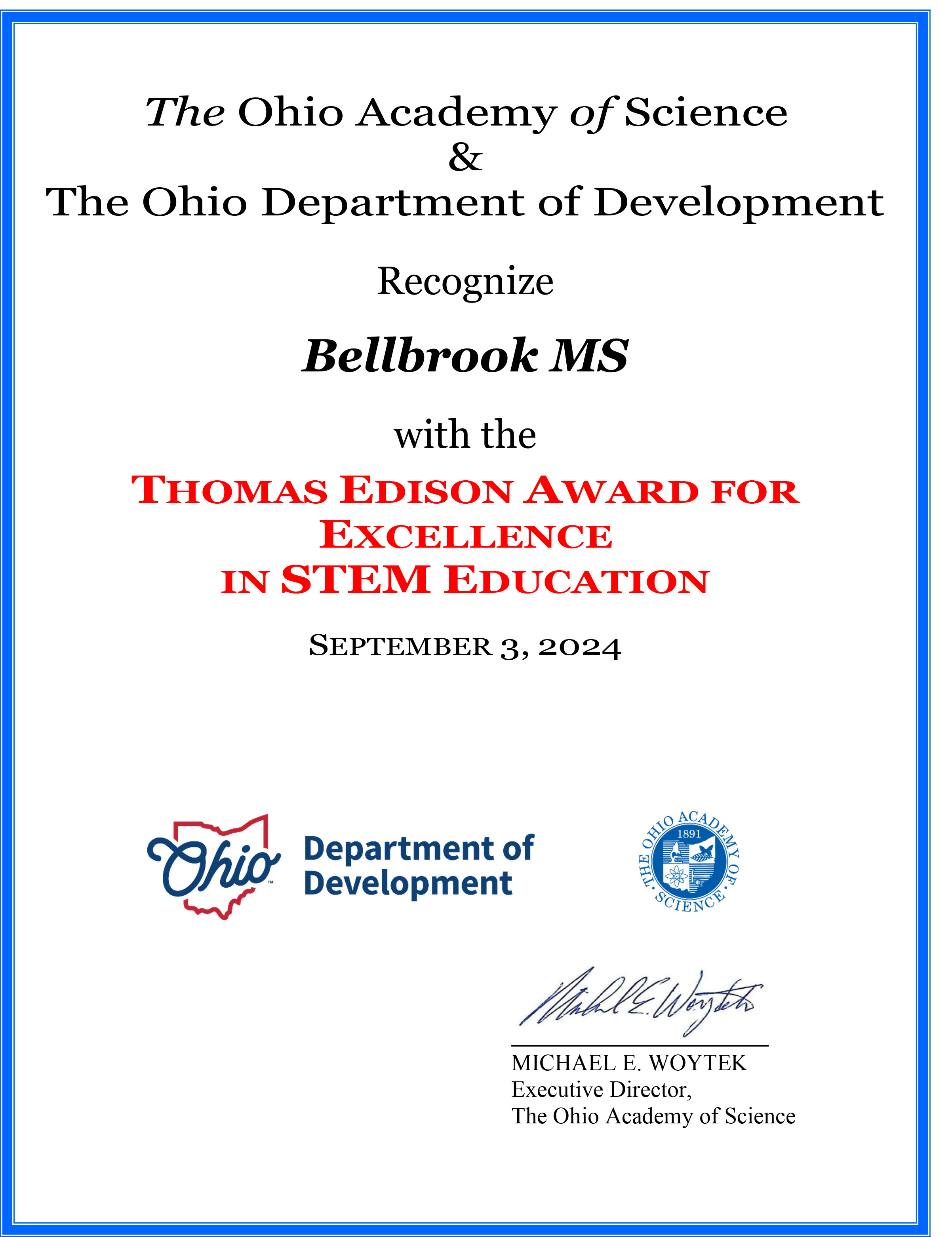 BMS award certificate for Thomas Edison