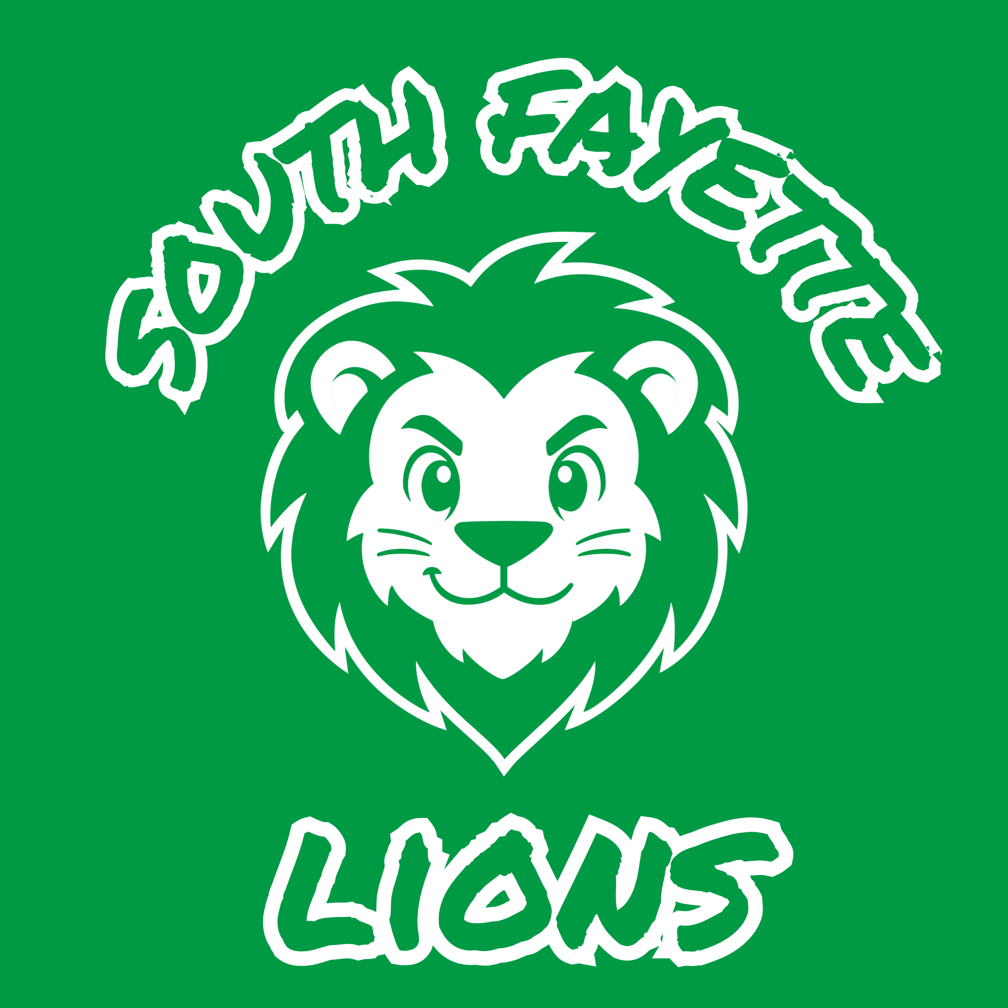 Youth Lion Head Logo in white on green background with South Fayette Lions around it in Permanent Marker font with Outline