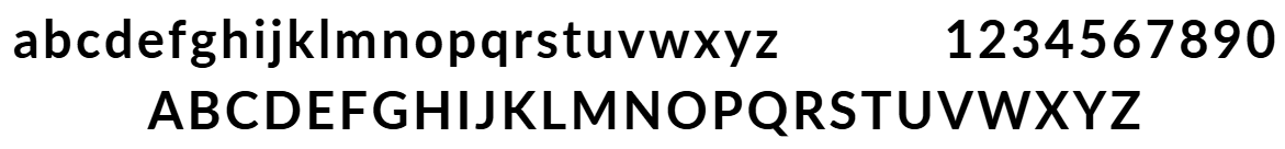 The alphabet in lower case and upper case as well as numbers 0 - 9 in Lato font