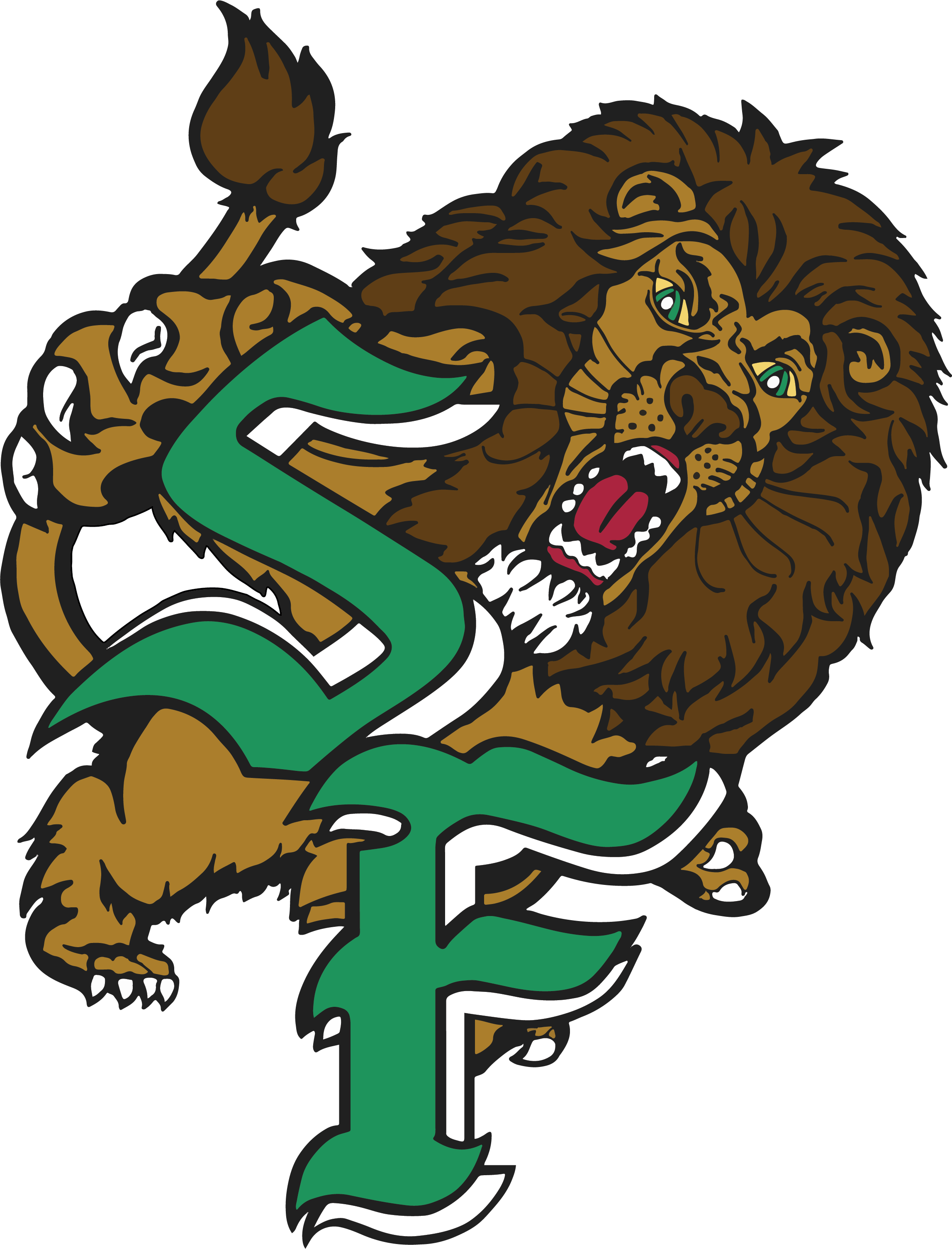 Athletic Logo featuring plain SF logo in green with black outline and brown snarling lion behind it