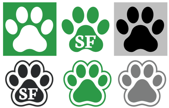 Six paw print images: white on green, green with white SF, black on gray, outlined black with white SF, outlined green, oulined gray