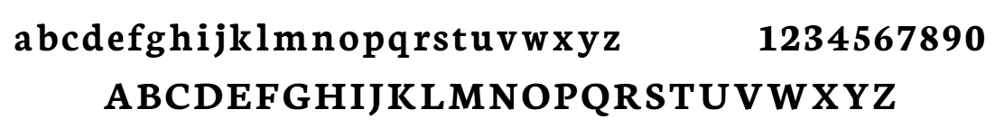 The alphabet in lower case and upper case as well as numbers 0 - 9 in Neutonfont