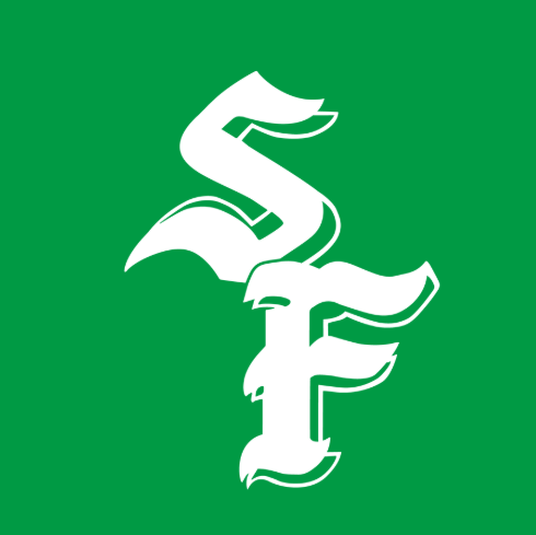 White plain SF logo on green background