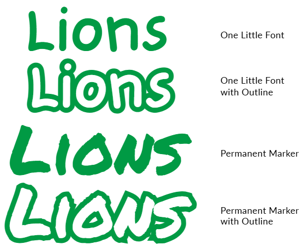 Lions in four fonts including One Little Font and One Little Font with Outline, Permanent Marker and Permanent Marker with Outline
