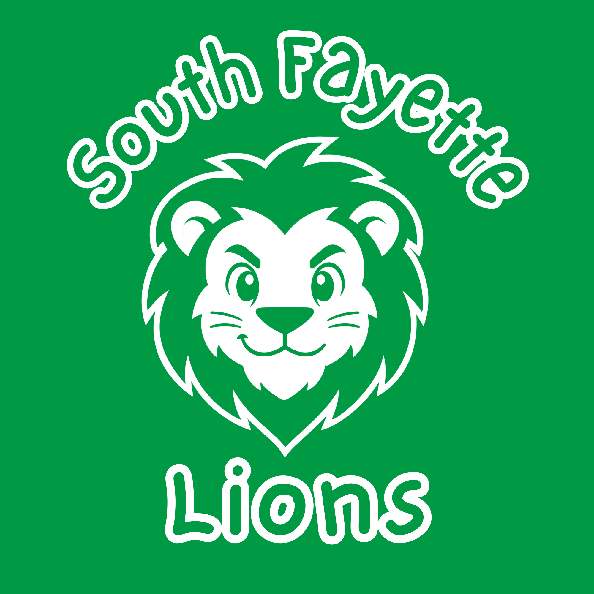 Youth Lion Head Logo in white on green background with South Fayette Lions around it in One Little Font with Outline