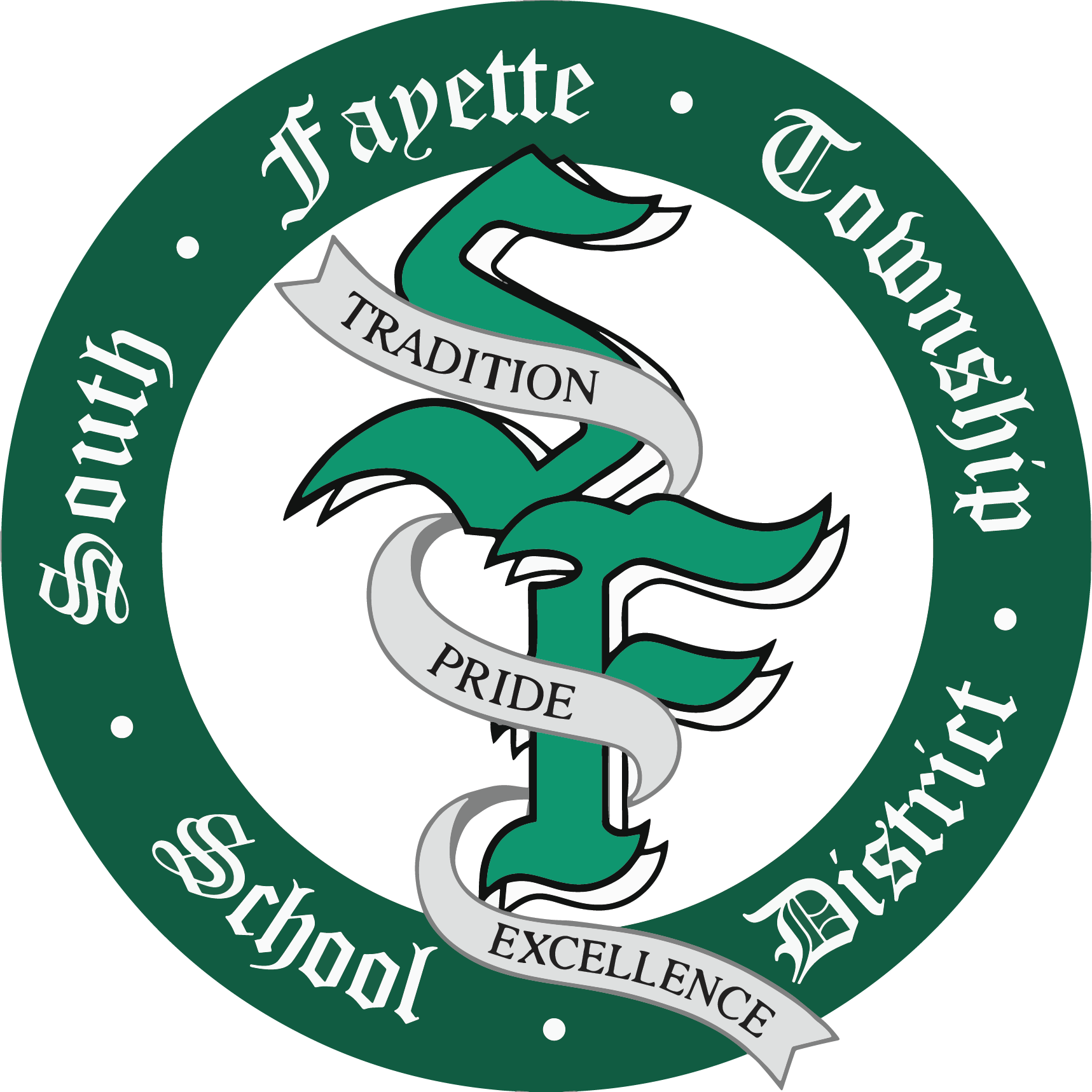 Circle logo with SF ribbon logo in the center and outer green ring with South Fayette Township School District in white fancy font
