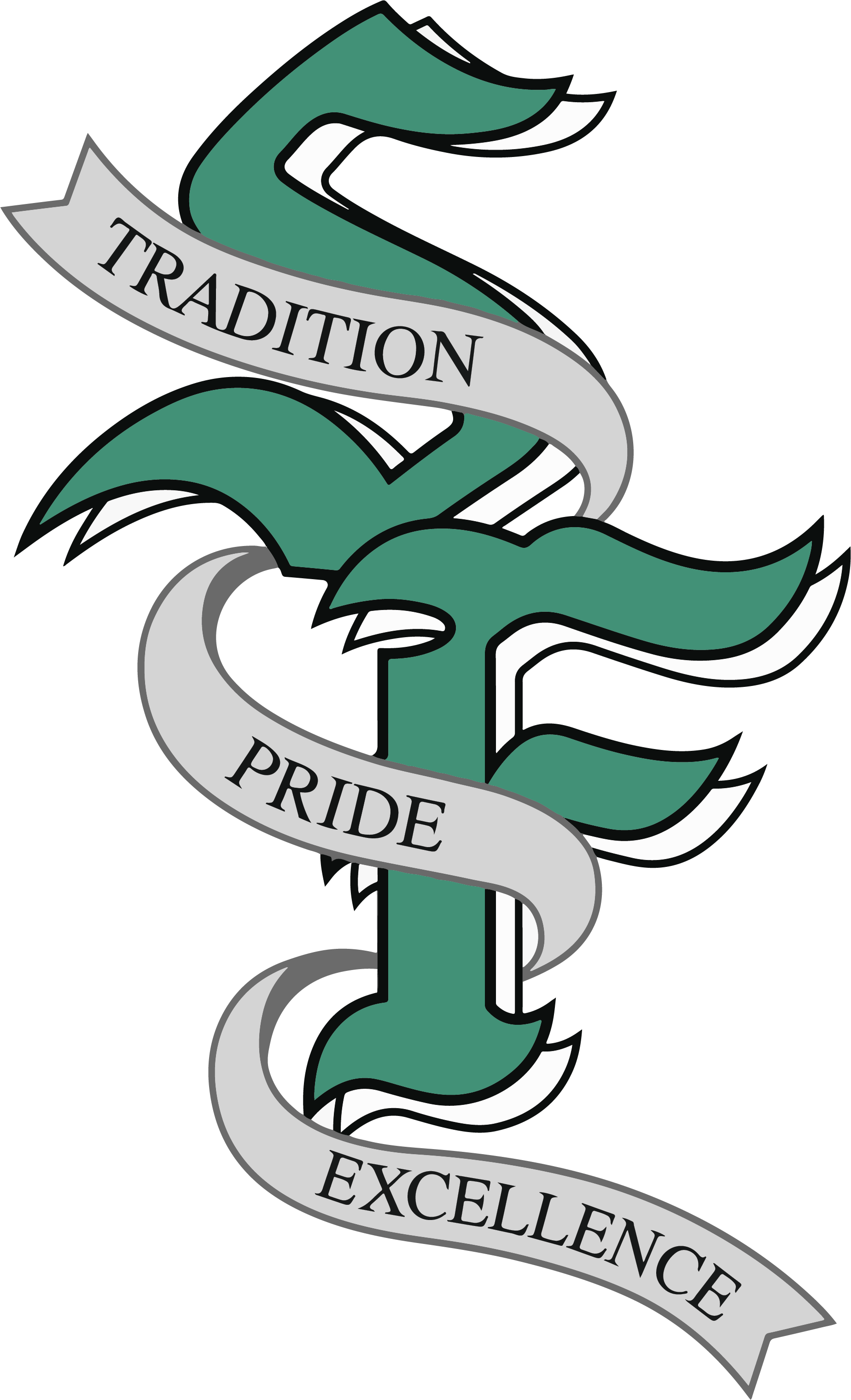SF Ribbon Logo in green with gray ribbon that says TRADITION, PRIDE, EXCELLENCE