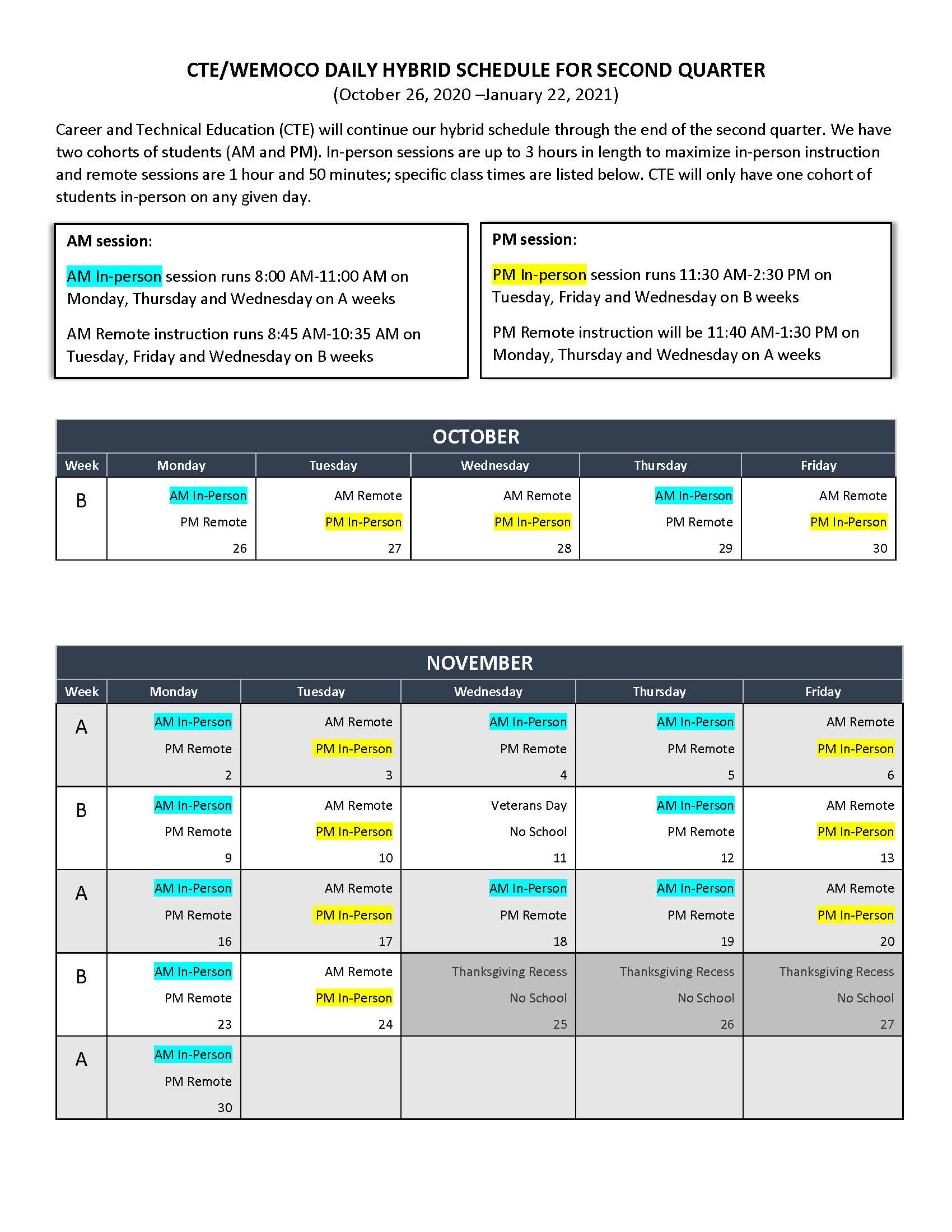 Image of the WEMOCO Second Quarter Hybrid Schedule PDF