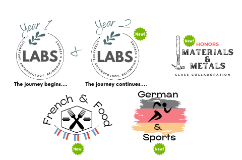 LABS year 1&2 logo, Honors Materials & Metals Class Collaboration logo with hammer, French & Food logo with French flags and German & Sports with a smeared black, red and yellow flag