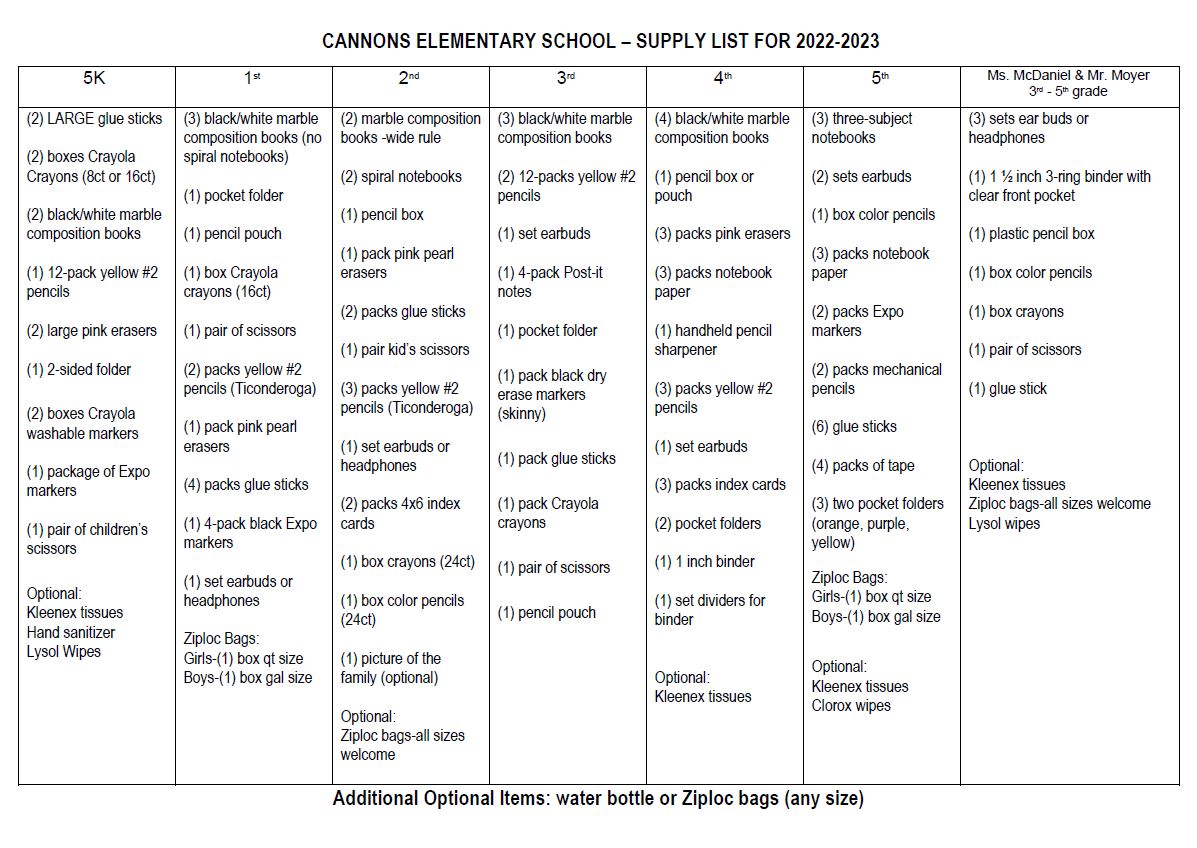 cannons school supply list