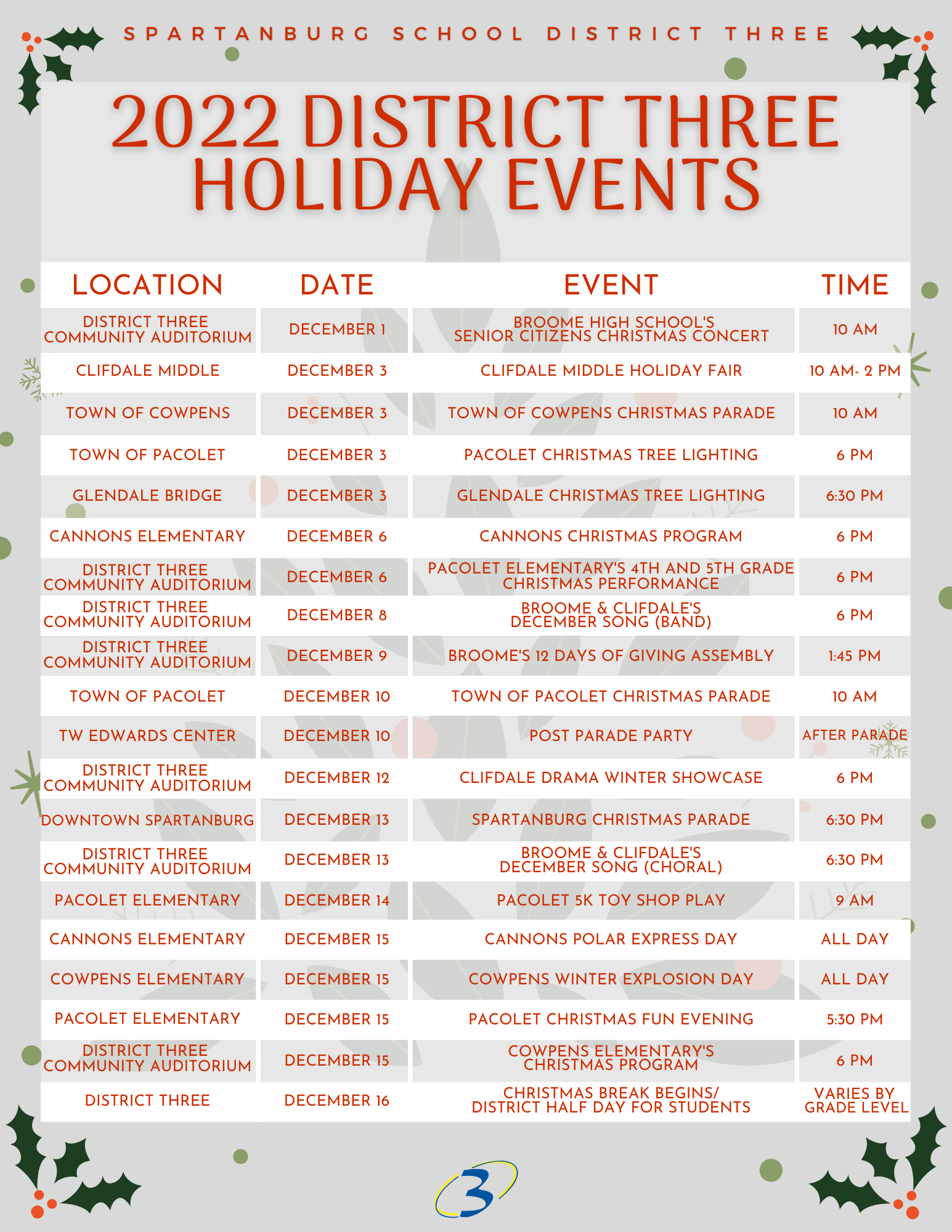 district three holiday events