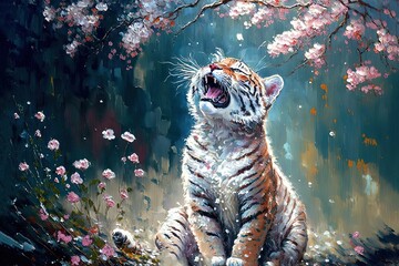 Tiger sitting under a tree with pink flower blossoms.