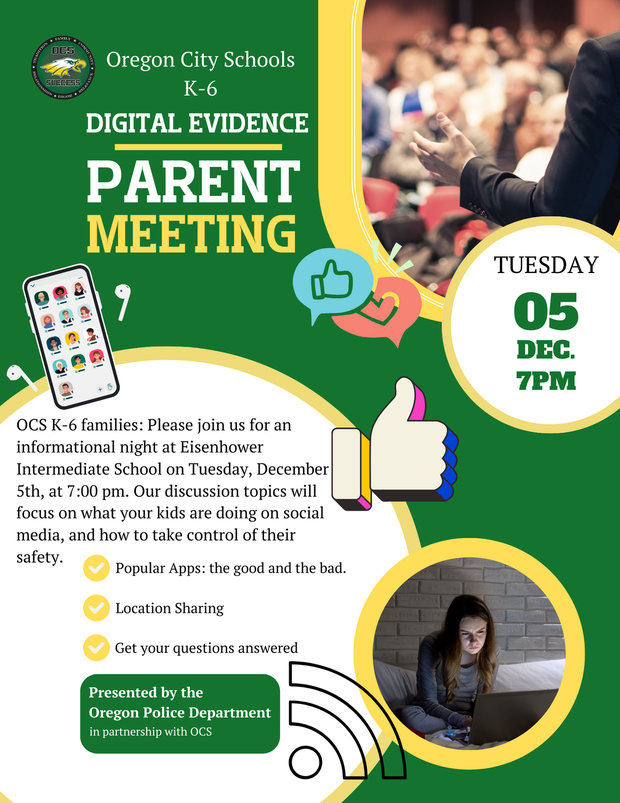 Digitial Evidence Parent Meeting Flyer. 12/5/23 @ 7:00 PM Eisenhower School