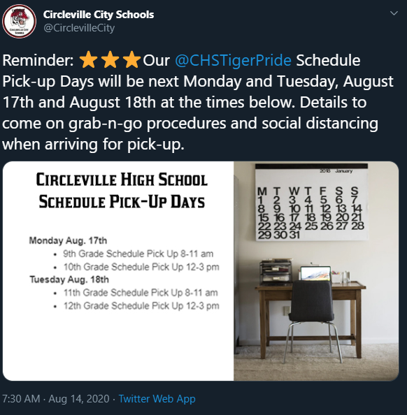 Reminder: Medium starMedium starMedium starOur  @CHSTigerPride  Schedule Pick-up Days will be next Monday and Tuesday, August 17th and August 18th at the times below. Details to come on grab-n-go procedures and social distancing when arriving for pick-up.
