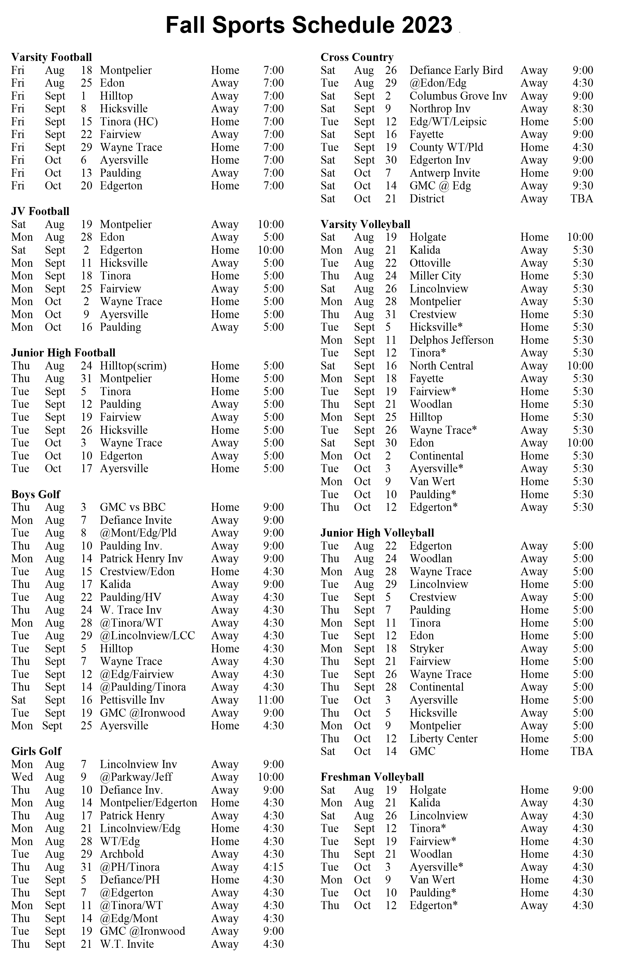 2023 Fall Sports Schedule