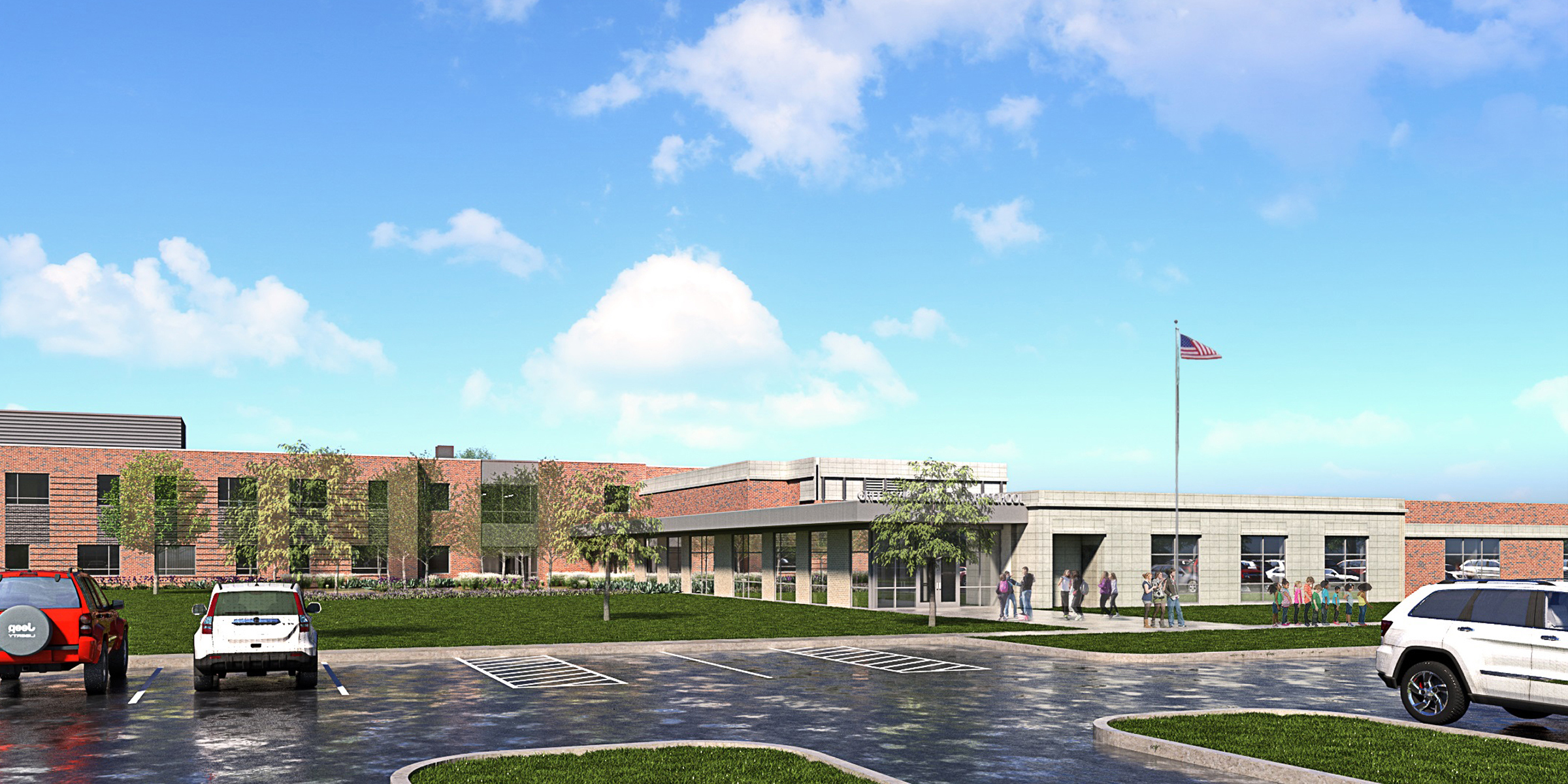 An exterior rendering of the new Greensview Elementary School