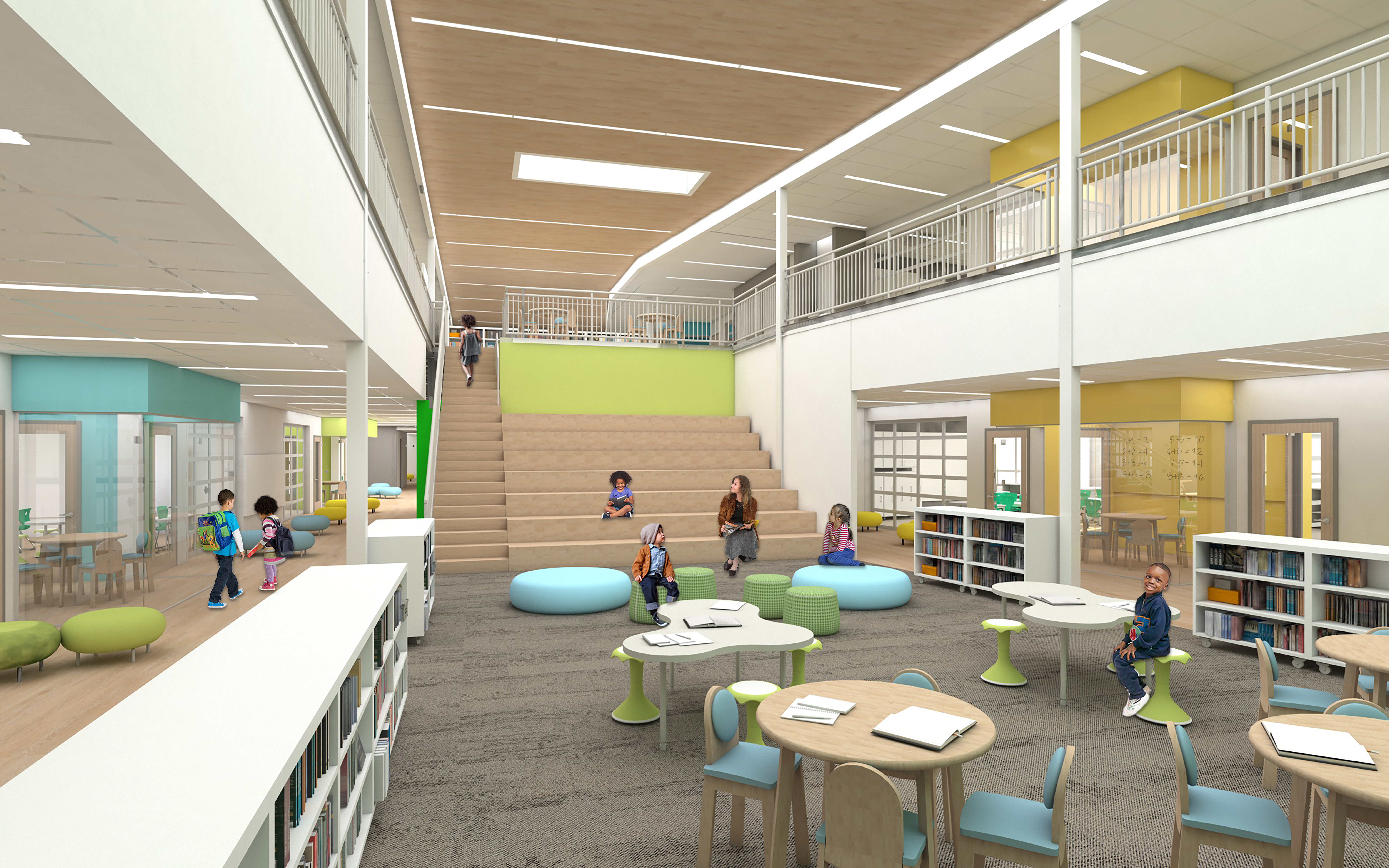 An interior rendering of the Greensview media center with classroom surrounding it on two floors