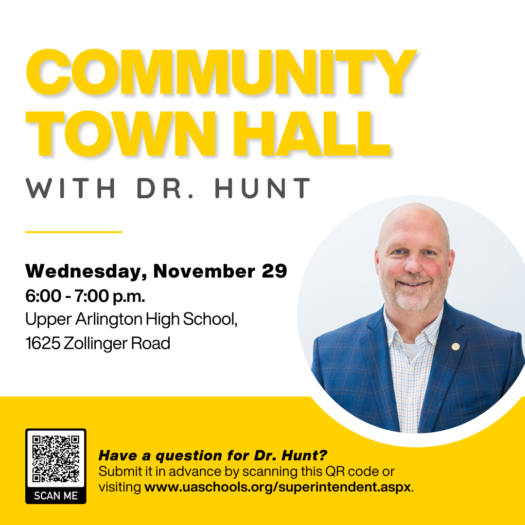 A graphic for a community town hall with Dr. Hunt on Wednesday, November 29