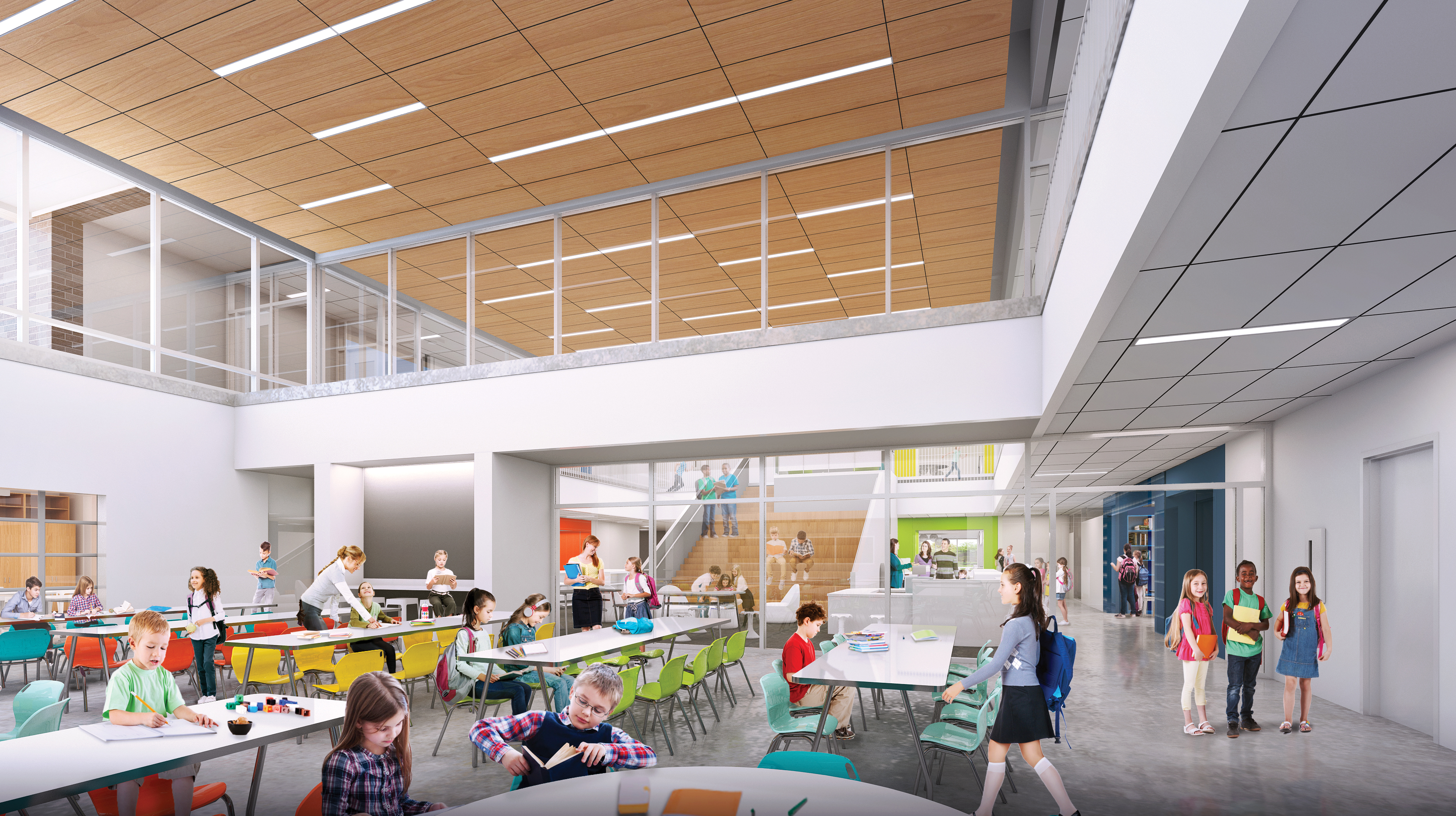 An interior rendering of the cafeteria space looking into the media center at the new Windermere Elementary School