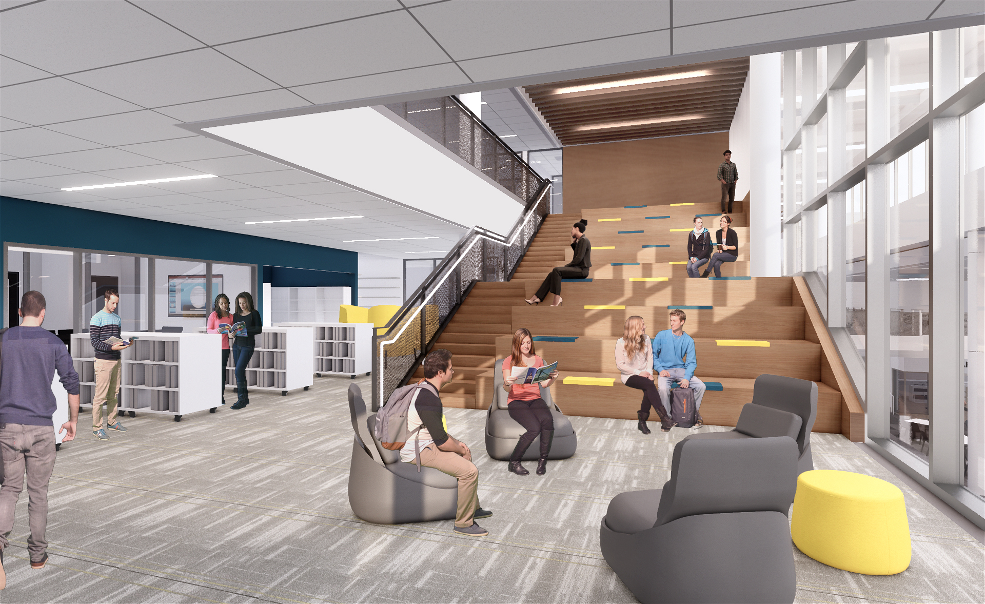 A rendering of the learning center, with stairs going up to an additional floor, soft seating and bookshelves 