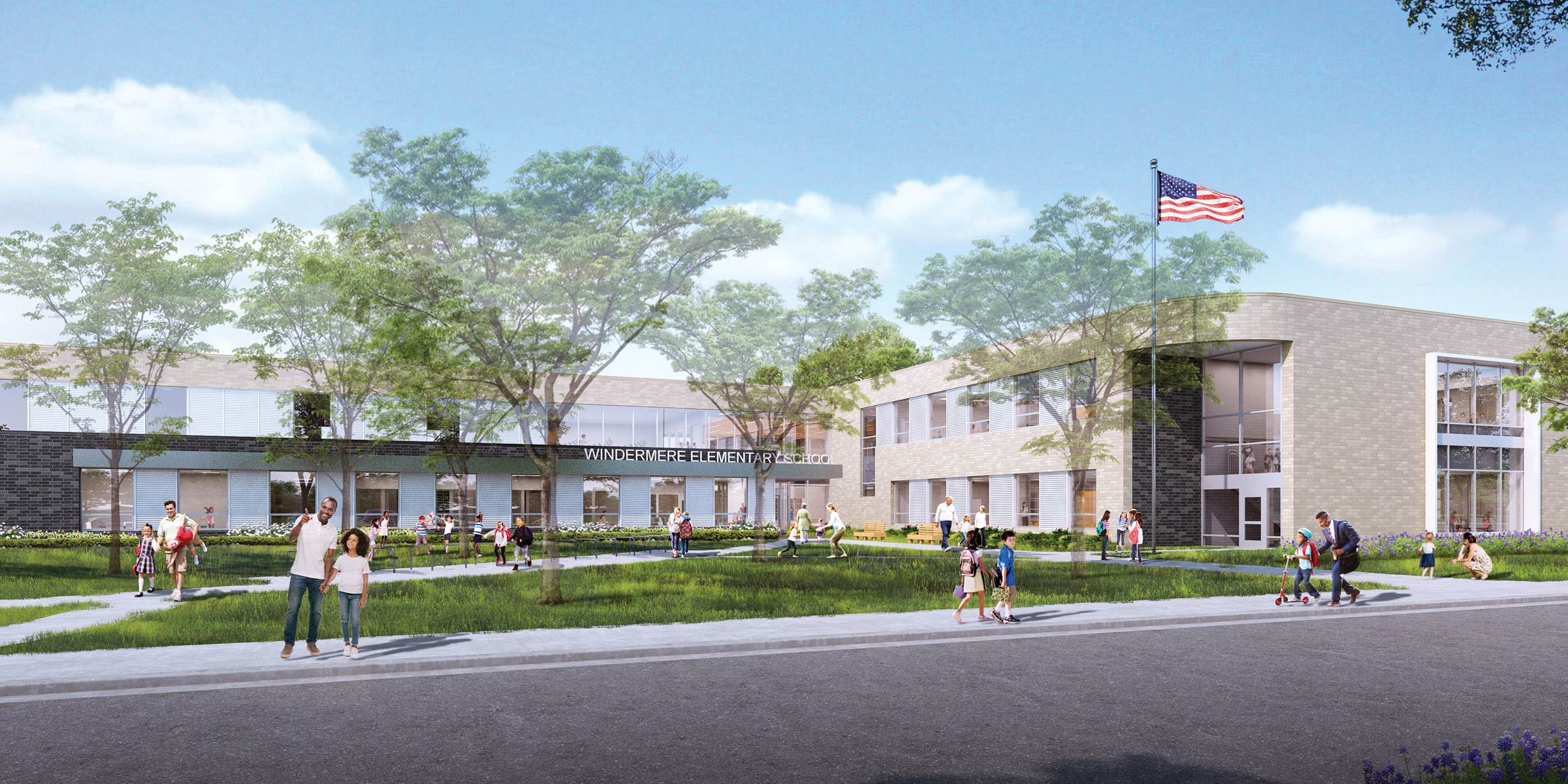 A rendering of the exterior of the new Windermere Elementary School, shown facing Windermere Road