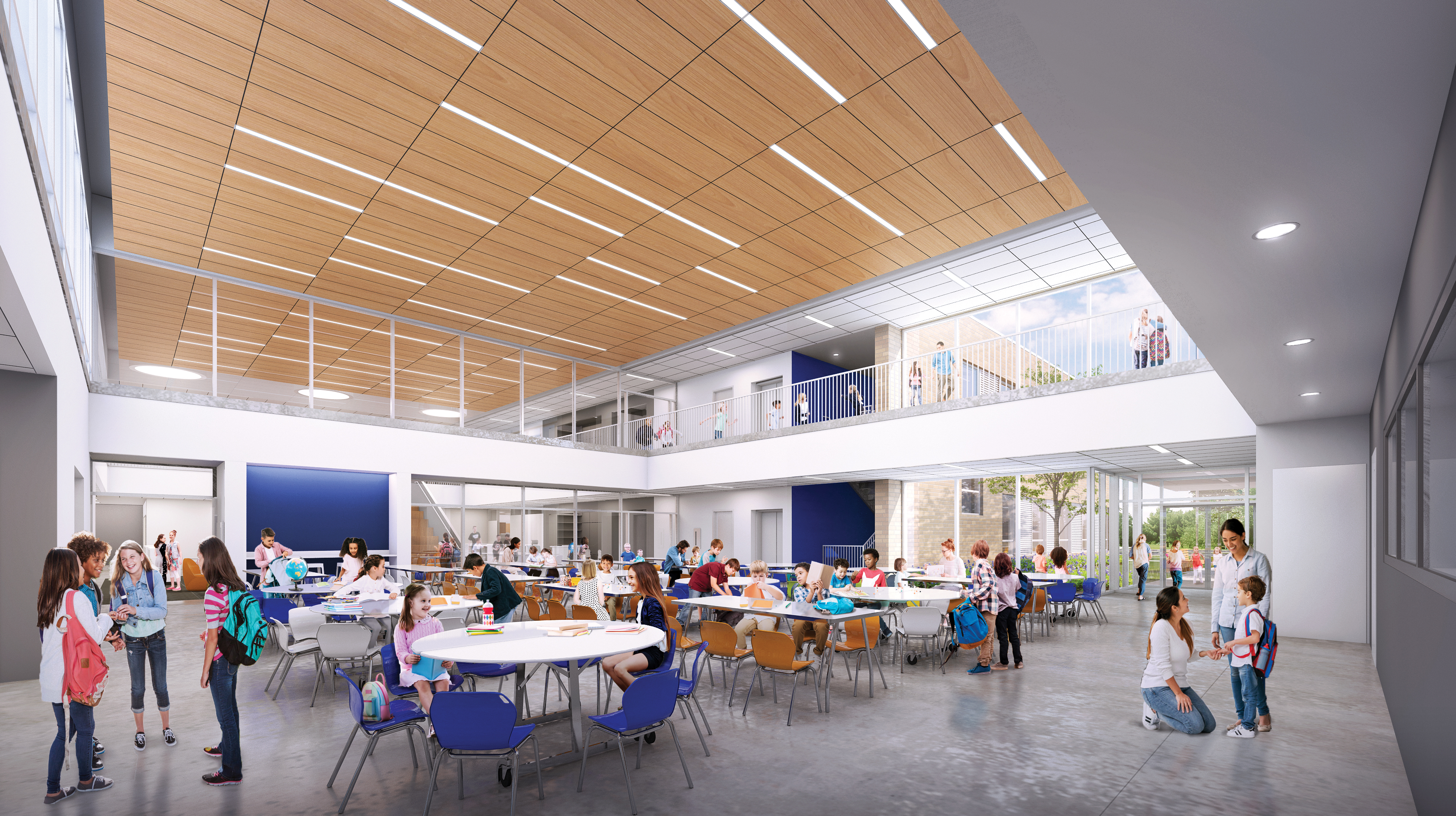An interior rendering of the cafeteria / gathering space at the new Wickliffe Progressive Elementary School