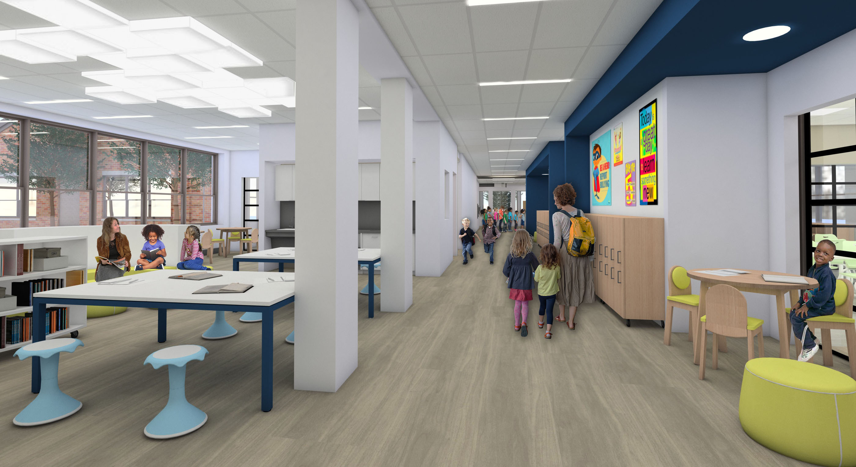 An interior rendering of a hallway with common space to the left and a classroom to the right