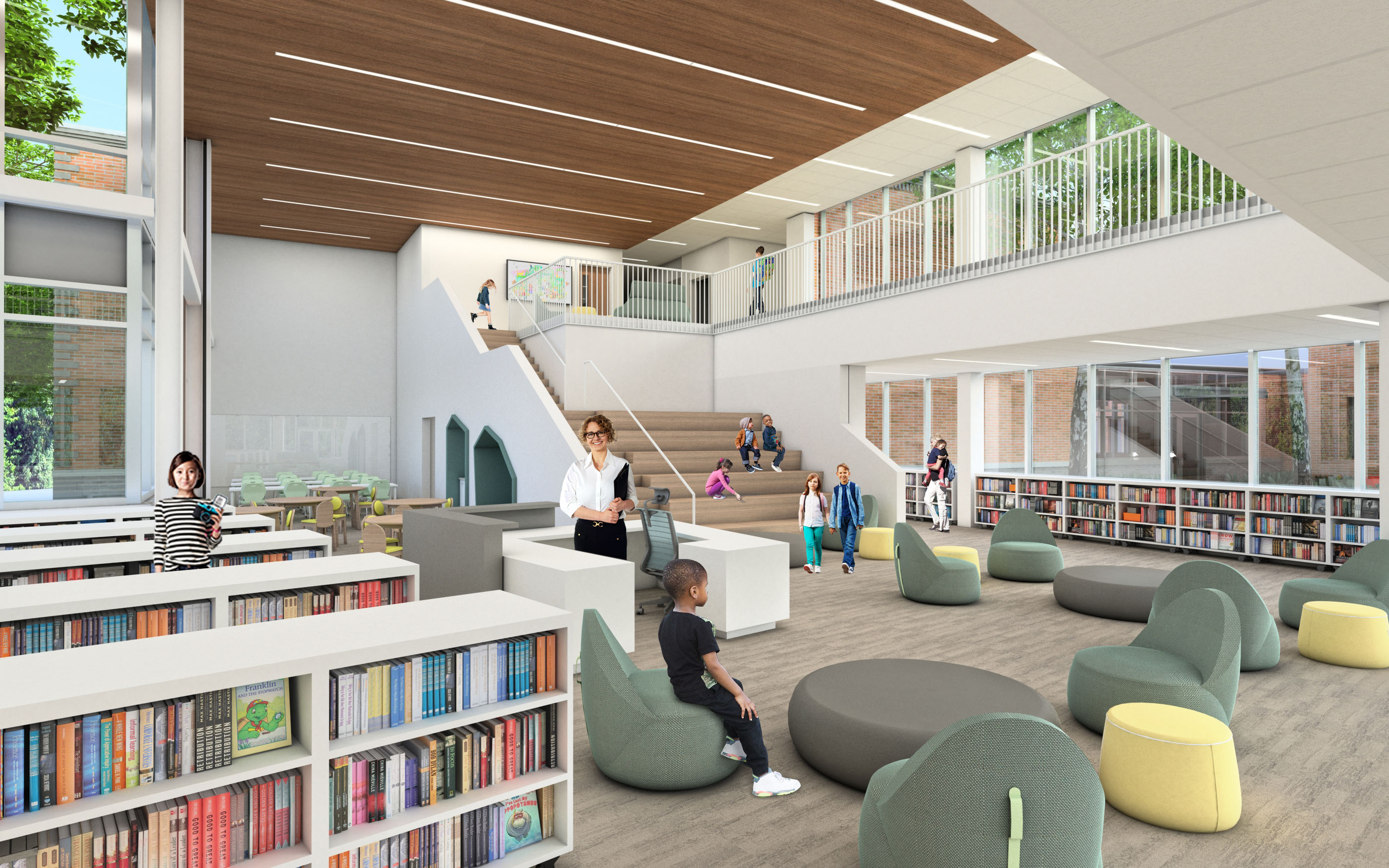 An interior rendering of the Barrington media center, with bookshelves, soft seating and a wide staircase going up to the second floor